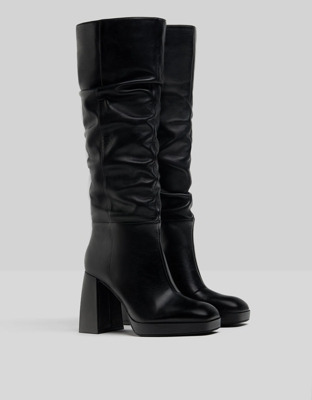 Bershka Botas Tacón Plataforma Arrugadas Piel Mujer 41 Negro