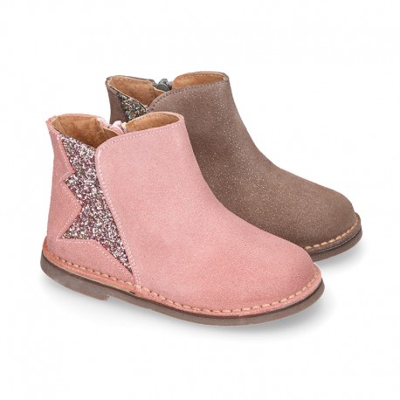 Botín Niña Con Elástico Glitter Y Cremallera En Piel Serraje Brillos. 34 Rosa