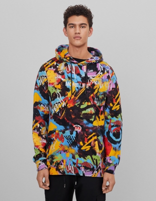 Bershka Sudadera Print Capucha Hombre S Negro