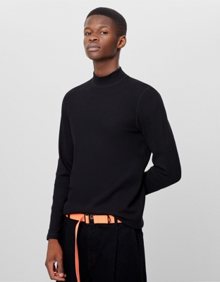 Bershka Jersey Efecto Waffle Cuello Perkins Hombre Xs Negro