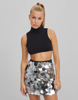 Bershka Falda Mini Lentejuelas Grandes Mujer S Plata