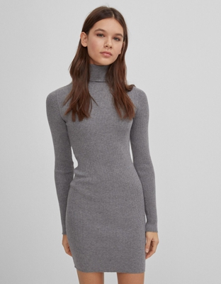 Bershka Vestido Corto Rib Cuello Vuelto Mujer L Gris