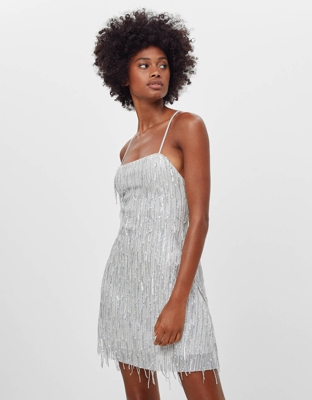 Bershka Vestido Lentejuelas Flecos Mujer Xs Plata