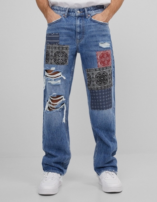 Bershka Jeans 90'S Patchwork Hombre 42 Azul Lavado