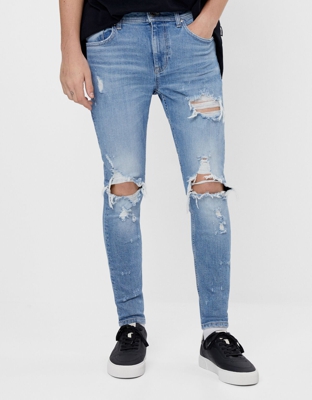 Bershka Jeans Skinny Rotos Hombre 42 Azul Lavado