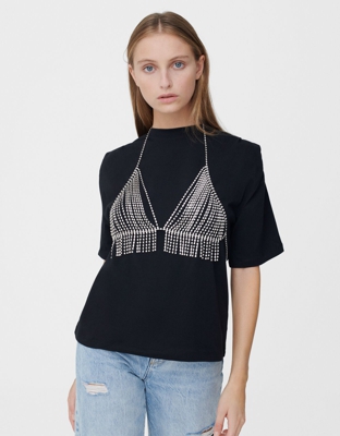 Bershka Top Strass Mujer Plata