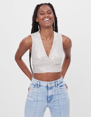 Bershka Top Lazo Metalizado Mujer S Oro