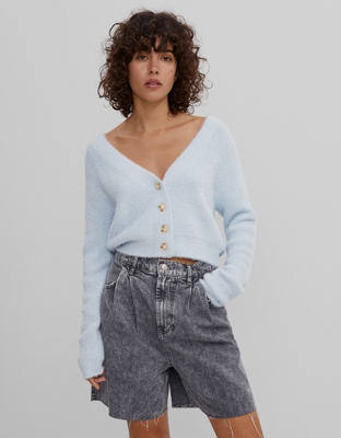 Bershka Chaqueta Pelo Botones Mujer L Azul Claro