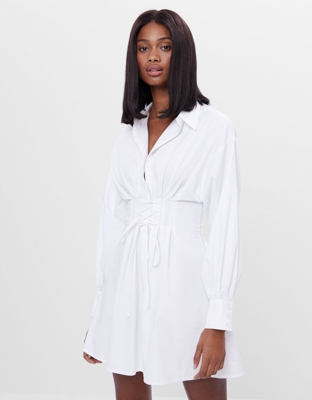 Bershka Vestido Camisero De Popelín Mujer S Blanco