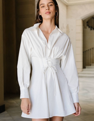 Bershka Vestido Camisero De Popelín Mujer M Crudo