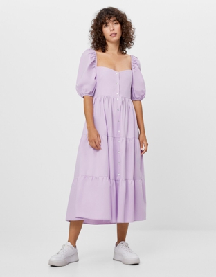 Bershka Vestido Popelín Volantes Mujer Xs Morado