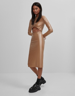 Bershka Vestido Abertura Mujer M Camel