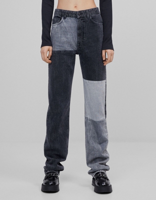 Bershka Jeans Straight High Waist Paneles Contraste Mujer 40 Negro