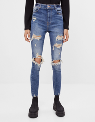 Bershka Jeans Skinny Rotos Mujer 40 Azul Lavado precio
