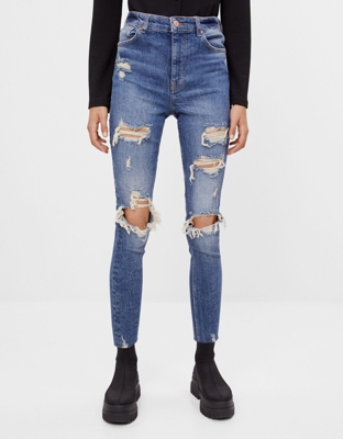 Bershka Jeans Skinny Rotos Mujer 40 Azul Lavado