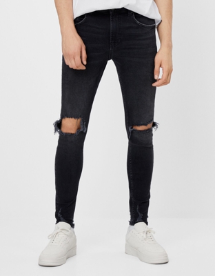 Bershka Jeans Super Skinny Rotos Hombre 40 Negro