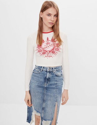 Bershka Camiseta Bordado Mujer Xs Crudo