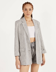 Bershka Blazer De Lino Mujer M Gris en oferta