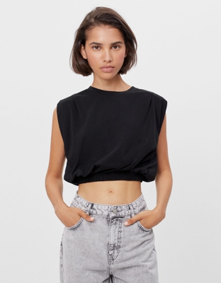 Bershka Camiseta Cropped Hombreras Mujer S Negro