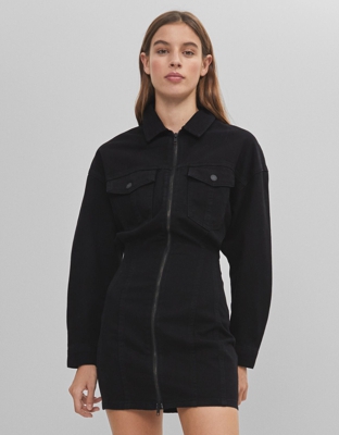 Bershka Vestido Denim Cremallera Mujer S Negro.