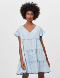 Bershka Vestido Babydoll Denim De Tencel ® Mujer Xs Azul Lavado precio