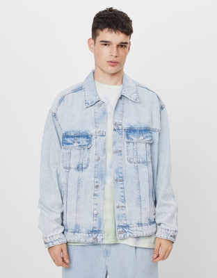 Bershka Cazadora Denim Print Palmeras Hombre S Azul Claro
