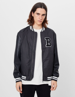 Bershka Bomber Beisbolera Efecto Piel Hombre L Negro