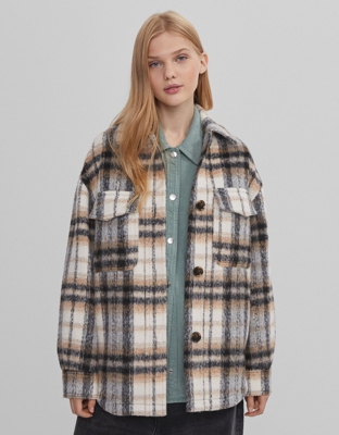 Bershka Sobrecamisa Oversize Cuadros Mujer Xs-S Marrón