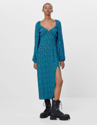 Bershka Vestido Midi Flores Mujer L Azul en oferta