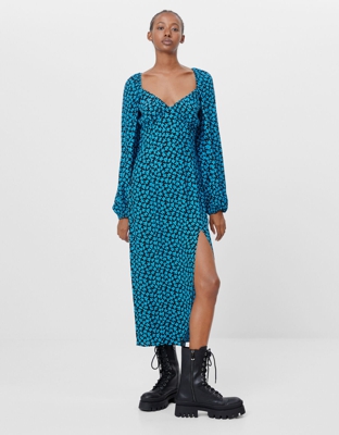 Bershka Vestido Midi Flores Mujer L Azul