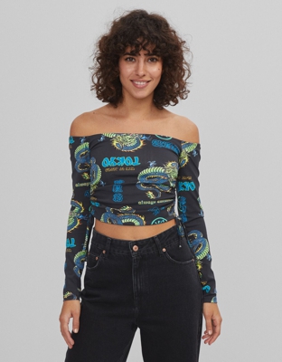Bershka Camiseta Fruncido Mujer L Negro