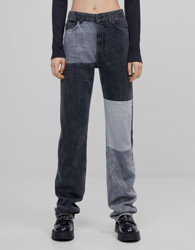 Bershka Jeans Straight High Waist Paneles Contraste Mujer 38 Negro precio