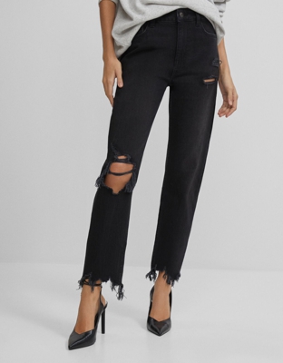 Bershka Jeans Slim Rotos Mujer 38 Negro