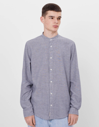 Bershka Camisa De Lino Con Cuello Mao Hombre S Gris en oferta