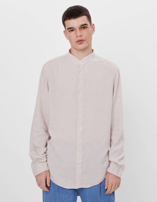 Bershka Camisa De Lino Con Cuello Mao Hombre Xs Beige