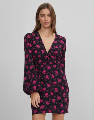Bershka Vestido Cruzado Flores Mujer L Negro