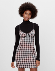 Bershka Vestido Estampado Cuadros Mujer Xs Negro en oferta