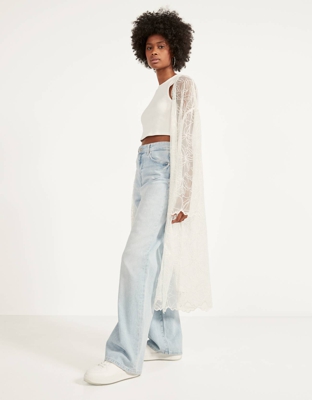 Bershka Kimono Bordado Flores Mujer M-L Crudo