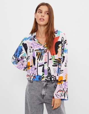 Bershka Camisa Print Manga Larga Mujer M Blanco