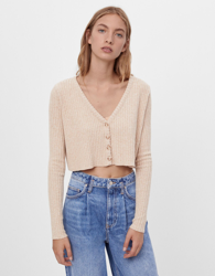 Bershka Chaqueta Punto Cuello Pico Mujer Xs Camel en oferta