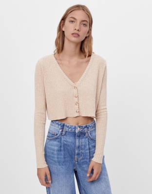 Bershka Chaqueta Punto Cuello Pico Mujer Xs Camel