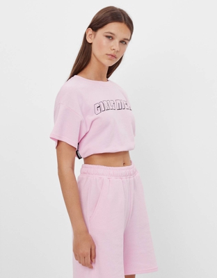 Bershka Camiseta De Felpa Con Estampado Mujer Xs Rosa
