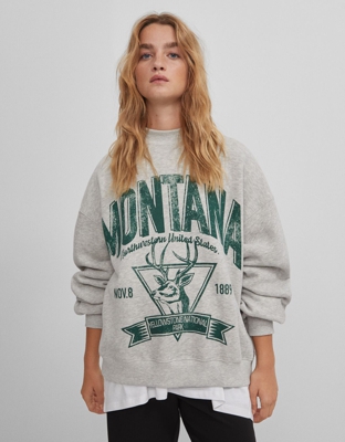 Bershka Sudadera Print Lettering Mujer L Gris
