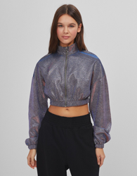 Bershka Chaqueta Cropped Metalizada Mujer S Gris precio