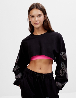 Bershka Jersey Cropped Strass Mariposas Mujer L Negro