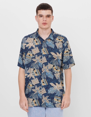 Bershka Camisa Print Tropical Hombre Xs Azul
