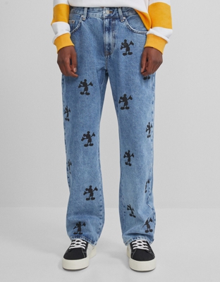 Bershka Jeans Estampado Mickey Mouse Hombre 44 Azul Lavado