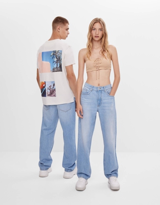Bershka Jeans Straight 90'S Hombre 40 Azul Lavado