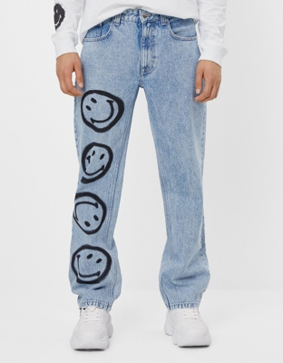Bershka Jeans 90'S Smiley Hombre 38 Azul Lavado