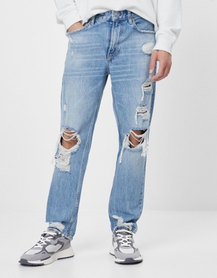 Bershka Jeans Straight Vintage Rotos Hombre 40 Azul Lavado